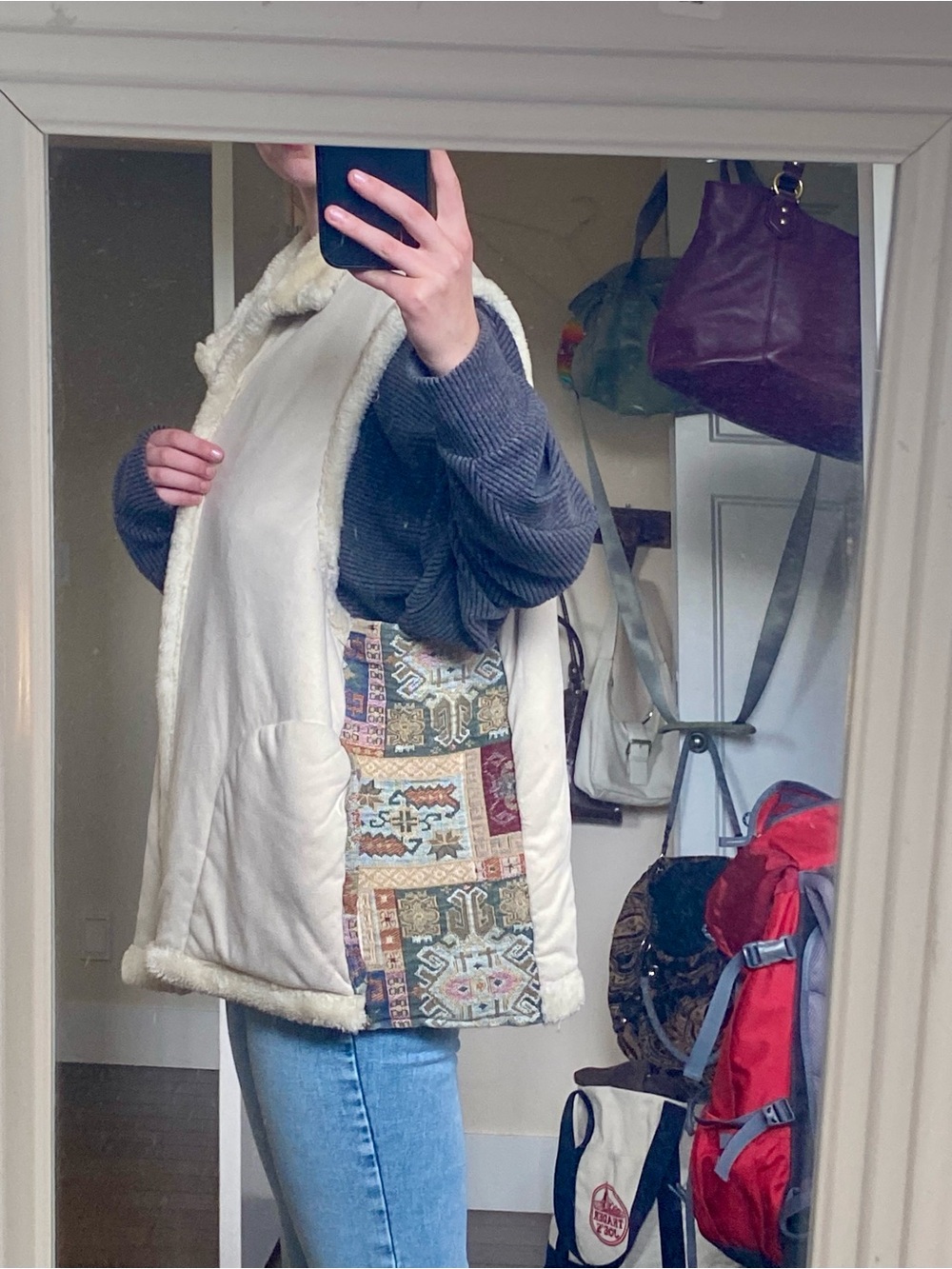 Women’s Cream Sherpa-Lined Vest with Patterned Panels